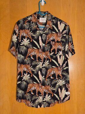 Duvin Design Company Button Up S/S Camp Shirt Mens L Tiger Jungle Print FLAW